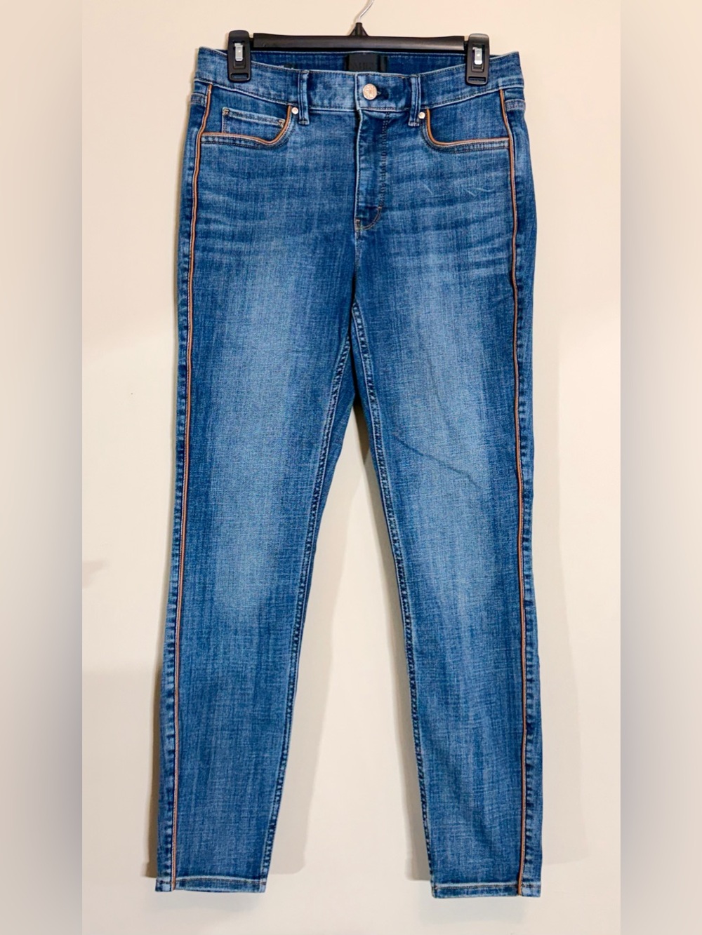WHBM High Rise Skinny Ankle Jeans Size 4 Blue Brown Piping Everyday Soft